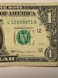 Four In A Row 0s One Dollar Bill $1 Fancy Serial Number $1 L12000071B 2017 Year - Picture 1 of 10