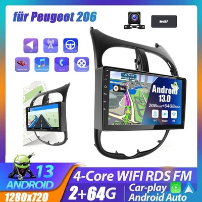 2G+64G Für Peugeot 206 2001-2016  Android 13 Autoradio GPS Navi CarPlay DAB+ RDS - Bild 1 von 4