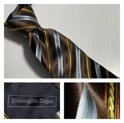 Corbata ERMENEGILDO ZEGNA Italia Multi Rayas Marrón Azul Moderna Seda Algodón Foto 1 de 4