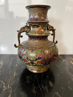 Brass Japanese Champlevé Vase Enamel Flowers Vintage Early 20th Century  - Image 1 of 4