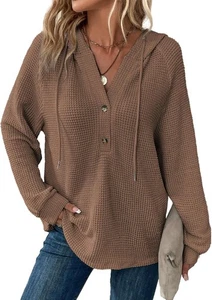 Dokotoo Hoodies für Damen Waffelstrick Langarm Kordelzug Large, braun  - Bild 1 von 5