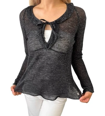 CHANEL Vintage 06A CC Logo Glitter Knit Top Black Wool Cashmere Long Sleeve - Image 1 of 4