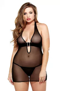 Sexy Black Mesh Buckle Dress and Matching G-String. Plus Size Lingerie. - Picture 1 of 2