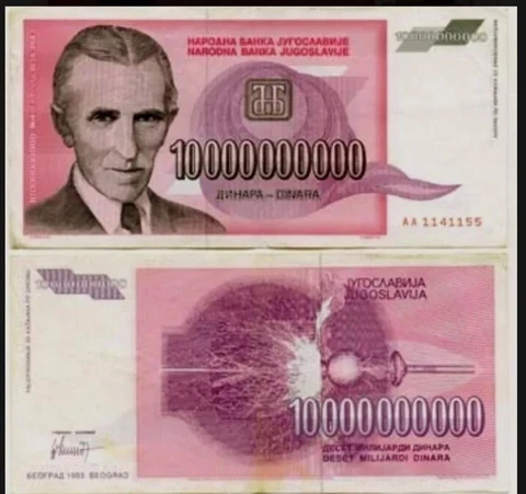 25 pcs x 10 Billion Yugoslavia Dinara Banknotes- Nikola Tesla currency (XF) Cover