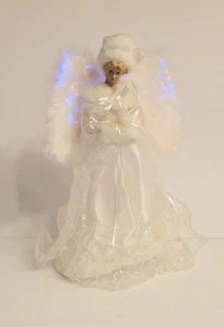 Topper de árbol de Navidad Angel, alas de pluma de fibra óptica, vestido de encaje. 16" - Imagen 1 de 6