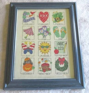 FRAMED Finished MONTH SAMPLER Calendar Cross Stitch PICTURE Season Holiday Year - Picture 1 of 4