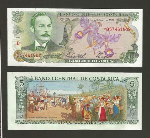 COSTA RICA 5 Colones 1989, P-236d Beautiful & Colorful Note, Long Obsolete, UNC Cover