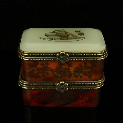 China Antique White Jade Jewelry Box High-end Carved Mini Rouge Box Gift • 37.76$