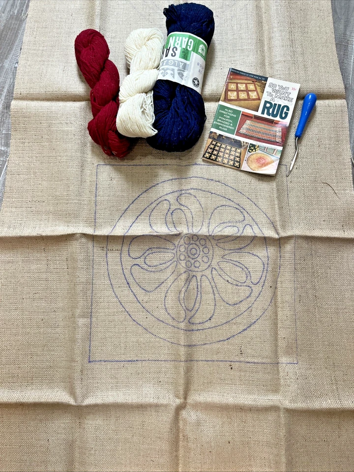 Vintage Stamped Burlap Rug Hooking Pattern Kit Yarn Hook Square Primitive - Image 1 of 4