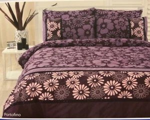 Portofino DOUBLE Quilt Cover Set- Purple Flowers - FOUR PILLOWCASES - Aubergine - Picture 1 of 3