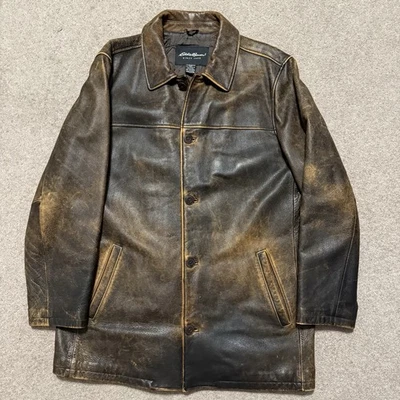 Abrigo Chaqueta De Colección Para Hombre Eddie Bauer Cuero Marrón Envejecido L Forro Acolchado Largo Foto 1 de 4