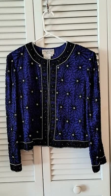 Papell Boutique Women's Size 10 Purple/Blue W/ Black Beads Silk Evening Jacket  - Image 1 of 4