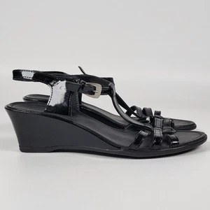 ECCO Sandals Black Leather Open Toe Cross Straps Buckle Wedge Size 8/39 - Picture 1 of 12