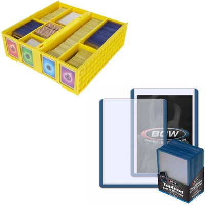 BCW 3200 Count Yellow Card Bin + 100 Blue Border 3x4 Toploaders Storage - Image 1 of 4