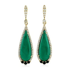 Pave Diamond Black Spinel 18k Yellow Gold Malachite Gemstone Drop Earrings - Picture 1 of 6