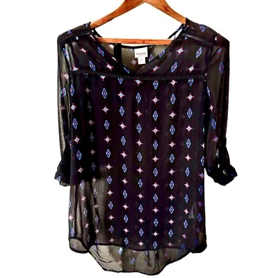 Blusa túnica transparente Mossimo talla L negra suroeste tribal boho estampado geométrico Foto 1 de 4