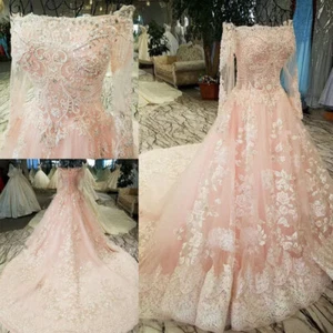 Pink Off the Shoulder Wedding Dresses with Court Train A Line Bridal Gowns - Picture 1 of 13