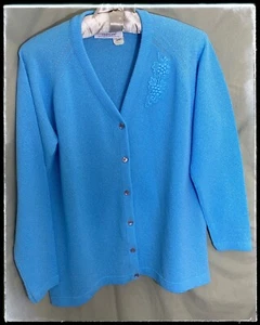 Vtg Talbott Travler Knit Cardigan Button Appliqué Dacron Sky Blue Polyester L40 - Picture 1 of 8