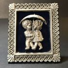 Vintage Small Pewter Frame Boy with Girl and Umbrella with velvet 3 x 2 3/4"