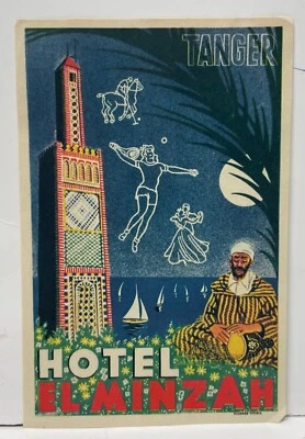 Vintage Hotel El Minzah Tangier, Morocco Luggade Label Decal Travel Ad - Image 1 of 2