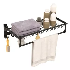 Foldable Bathroom Shelf, Wall Mounted Bathroom Shelf Rack w/Adjustable Bar & - Picture 1 of 8