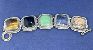 950 Sterling Silver Genuine Multi Gemstone Toggle Bracelet 35mm Size 7.50“ - Picture 1 of 10