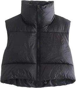 Women'S Fashion High Neck Zipper Cropped Puffer Vest Jacket Coat - Picture 1 of 11