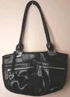 BRIGHTON Black Leather Snake Embossed Satchel Shoulder Bag Purse Silver Accents  - Image 1 of 4
