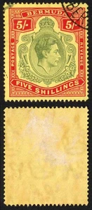 Bermudas SG118b KGVI 5/- Verde Pálido y Rojo/Amarillo Línea Perf 14.25 (Ref 37) - Imagen 1 de 1