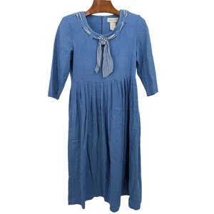 Vtg 80s Sailor Necktie Collar Denim Dress Sz 14 Cottagecore Nautical Coastal - Picture 1 of 4
