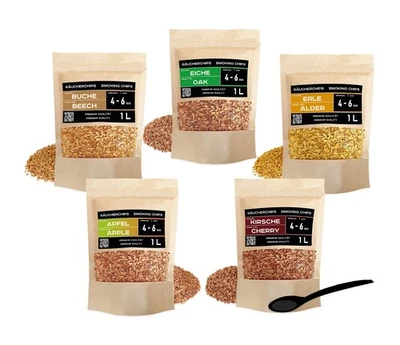 PINI Räucherchips Set 5x 1 L Räucherspäne 4-6 mm Buche Eiche Erle Kirsche Apfel