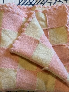 VTG Crochet Knitted BABY BLANKET AFGHAN Lap Granny Squares 30”x 43” PINK WHITE  - Picture 1 of 5