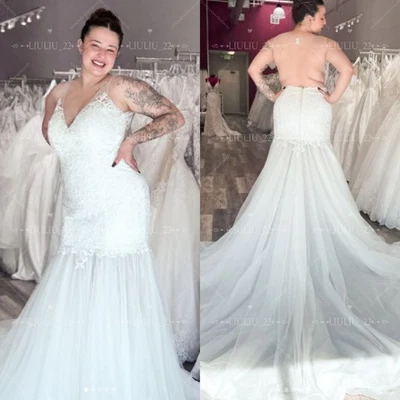 Sexy vestidos de novia de sirena talla grande sin espalda cuello en V tren de barrido vestidos de novia Foto 1 de 4