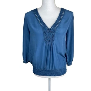 Anthropologie Daniel Rainn Blue 100% Silk 3/4 Sleeve Blouse Embroidered Sz M - Picture 1 of 11