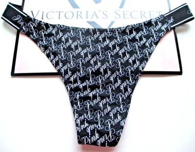 VICTORIA'S SECRET PINK Cotton Logo High Leg Thong Panty VS Black Script S M L XL - Image 1 of 4
