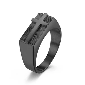 Vintage Holy Light Cross Ring Stainless Steel Men's Biker Punk Cross Rings Black - Picture 1 of 4