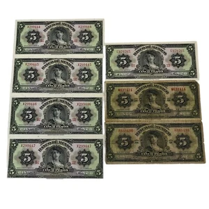 (7) Mexican Banknotes, 5 Pesos Gypsy: (1) 1950, (1) 1953, (4) 1961, (1) 1963 - Picture 1 of 9