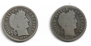 Lot of 2 Barber Dimes : 1893 1893-S - Picture 1 of 2