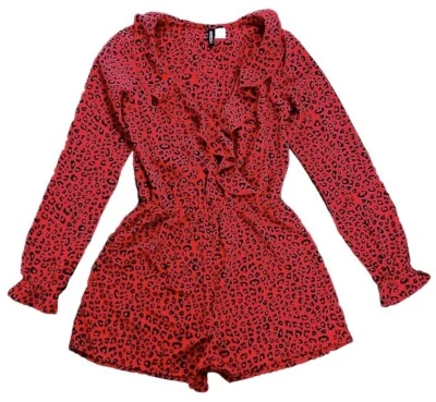 Forever 21 Talla 0 Poli Crepé MAMELUCO ENVOLVENTE CORTO + Volantes ROJO Estampado Animal Foto 1 de 4