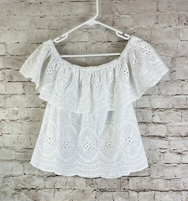 Cupcake & Cashmere Para Mujer XS Blanco Pesado Ojales Fuera del Hombro Top Volantes Vieira Foto 1 de 4