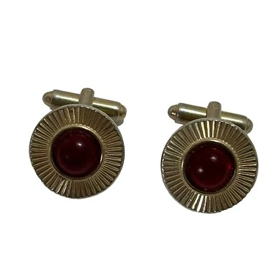 Vintage Art Deco Gold Tone w/Red Stone Cufflinks 60's Era Classy Mid Century Mod - Image 1 of 4
