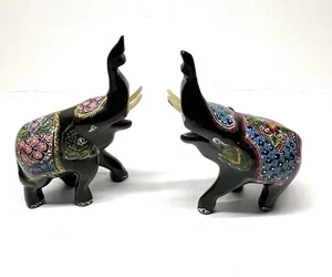 Vintage Japanese Black Lacquer Moriage Style Hand Decorated Colorful Elephants - Picture 1 of 6