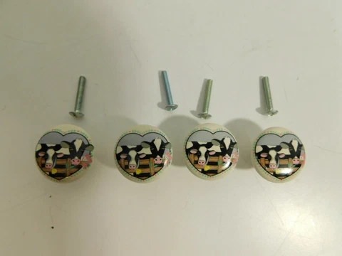 Lot of 4 Ceramic Cow Drawer Knobs with Hearts Dresser Pulls Cover