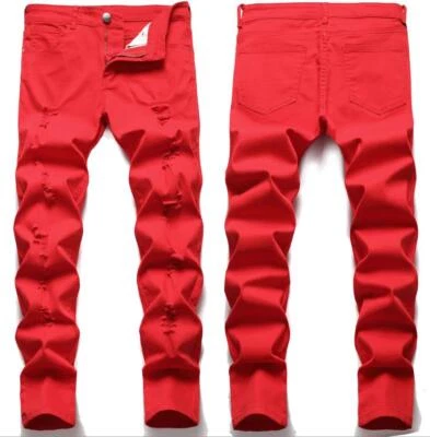 Мужские прямые штанины хлопок джинсовой ткани джинсы красный разорванный тонкий эластичные брюки брюки бедра - Изображение 1 из 4