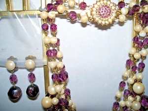 VINTAGE STATEMENT FOIL GLASS BEAD AND FAUX PEARL MULTI STRAND NECKLACE & EARRING - Picture 1 of 12