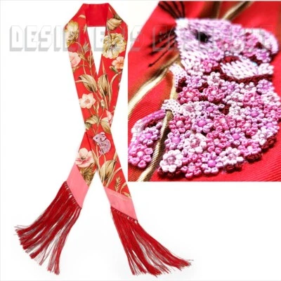 SALVATORE FERRAGAMO Rojo Cuentas BABY MOUSE Largo Flecos Delgado Seda Bufanda Nuevo en Caja Ath Foto 1 de 4