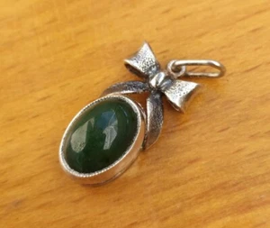 Vintage soviet pendant stone jade flower bow silver 925 USSR - Picture 1 of 18