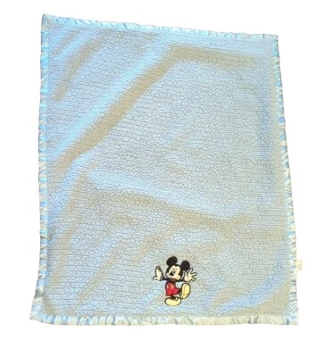 Disney Baby Blanket MICKEY Mouse BLUE Sherpa Satin Trim Embroidered Soft Plush - Image 1 of 4