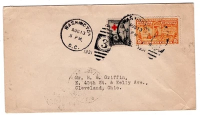 E16 Special Delivery 15c First Day Cover 1931 Washington DC FDC Griffin - Image 1 of 2
