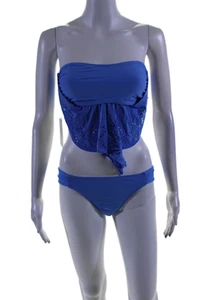L Space Womens Ruffle Trim Strapless Two Piece Bathing Suit Blue Size M - Picture 1 of 7